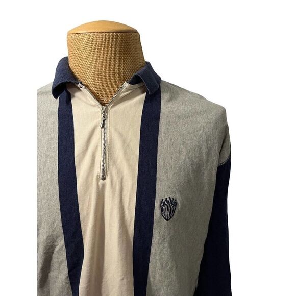 VTG JNCO JEANS Men's Long Sleeve Polo Shirt Gray Blue Striped Zipper USA Size 2 - Picture 1 of 7